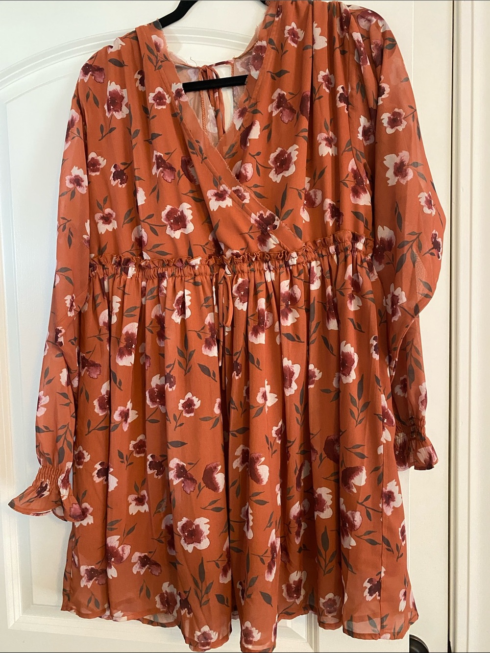 Floral Long-Sleeve Wrap Dress in Rust